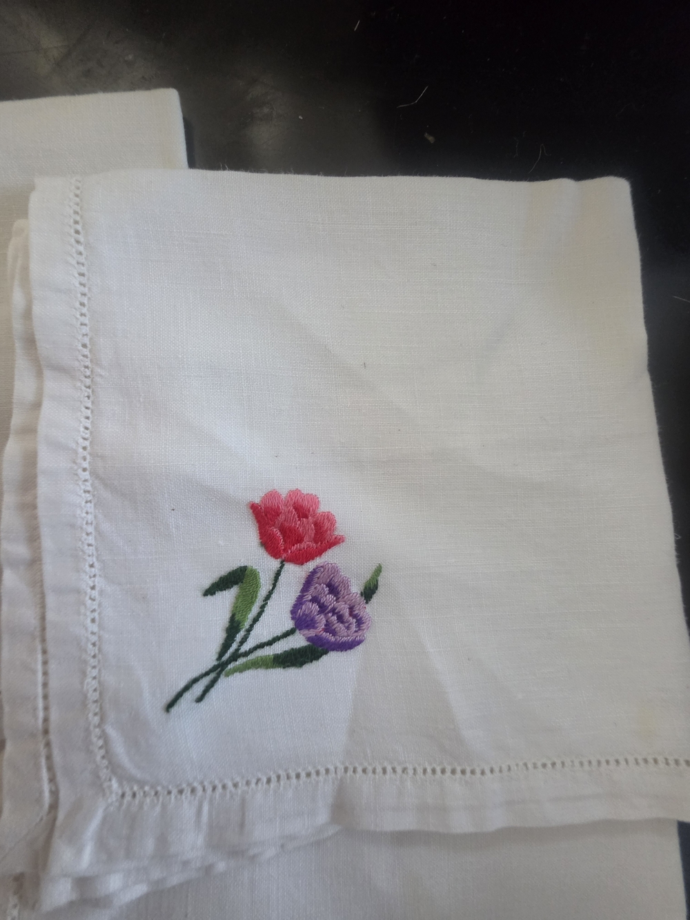 Embroidered Floral Cotton Napkins - White with Pink, Purple, Yellow Accents - Picture 2 of 6